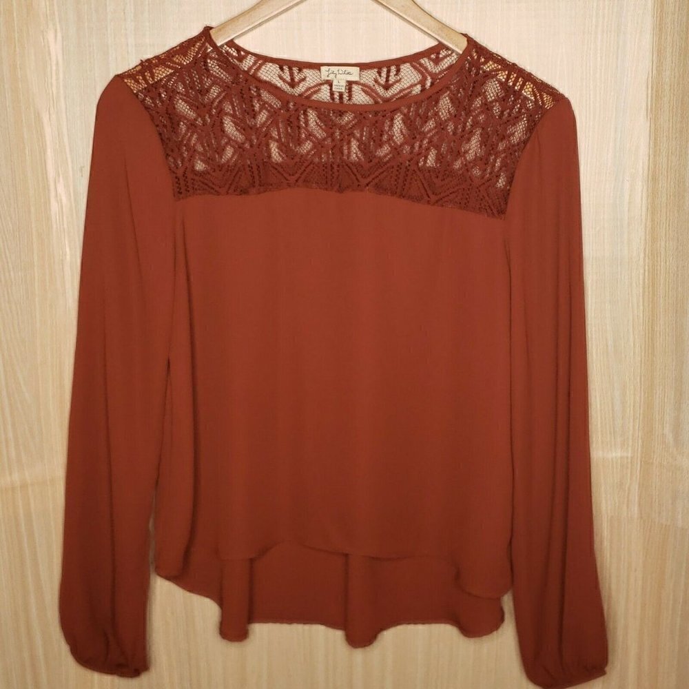 Lily White Womens Brown Flowy High Low Blouse Large